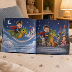 An open personalized children's picture book lying on a bed, showing illustrated fantasy scenes with a child, a dragon, animals, and a castle on the blue night-sky pages. A real bedroom environment is visible in the background, including a pillow, shelf, teddy bear, and lamp.