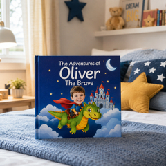 A hardcover children's book titled "The Adventures of Oliver The Brave" stands open on a bed in a styled bedroom. The cover shows a young boy riding a green dragon with a castle and stars in the background.