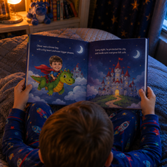 A child in blue space-themed pajamas sits on a bed reading a children's book with a night-sky illustration showing a boy riding a green dragon and a glowing castle under a crescent moon.