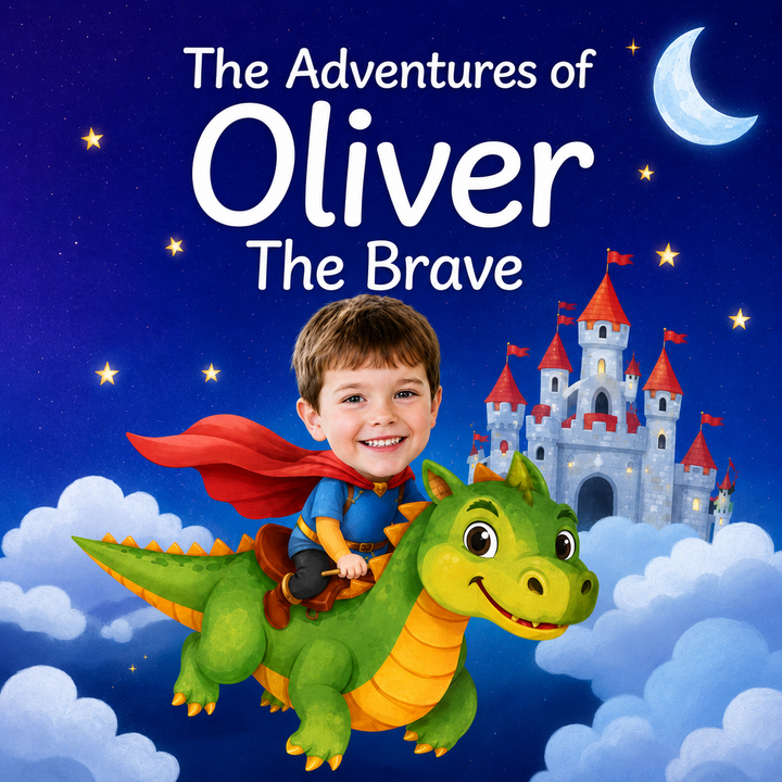 Children's book cover for 'The Adventures of Oliver The Brave' featuring a young boy in a blue superhero costume and red cape riding a green dragon over fluffy white clouds, with a gray castle and a crescent moon under a starry blue night sky.