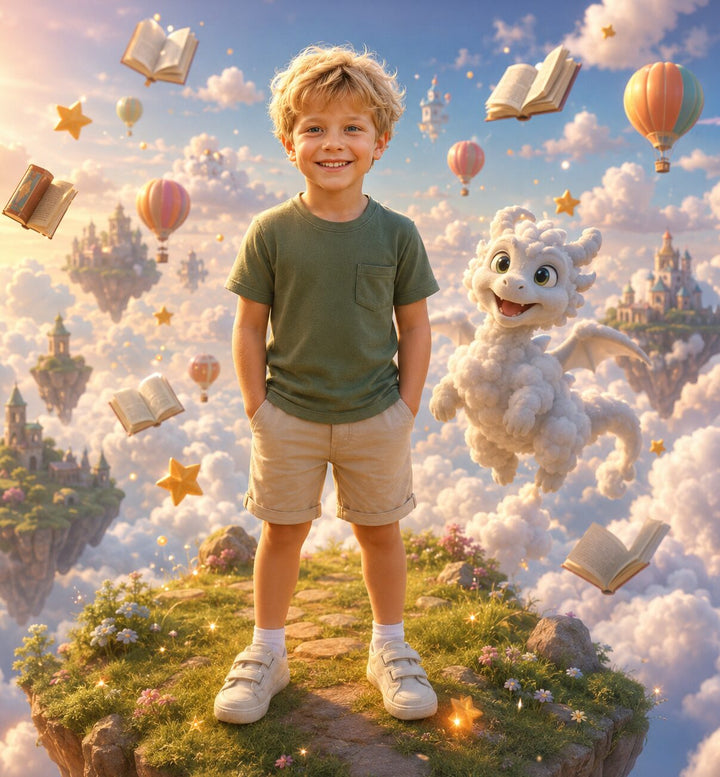 The same boy illustrated as the storybook hero